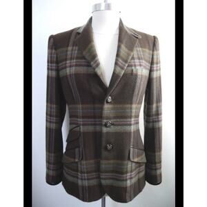 RALPH LAUREN Black Label pure cashmere Silk Leather trim plaid blazer jacket 6